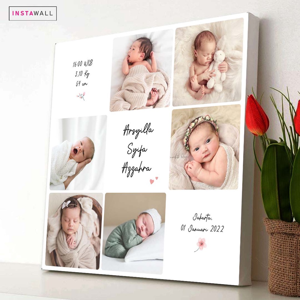 Biodata bayi cetak bingkai foto minimalis 30x30 cm Kolase Photowall Edit foto bayi newborn Desain ae