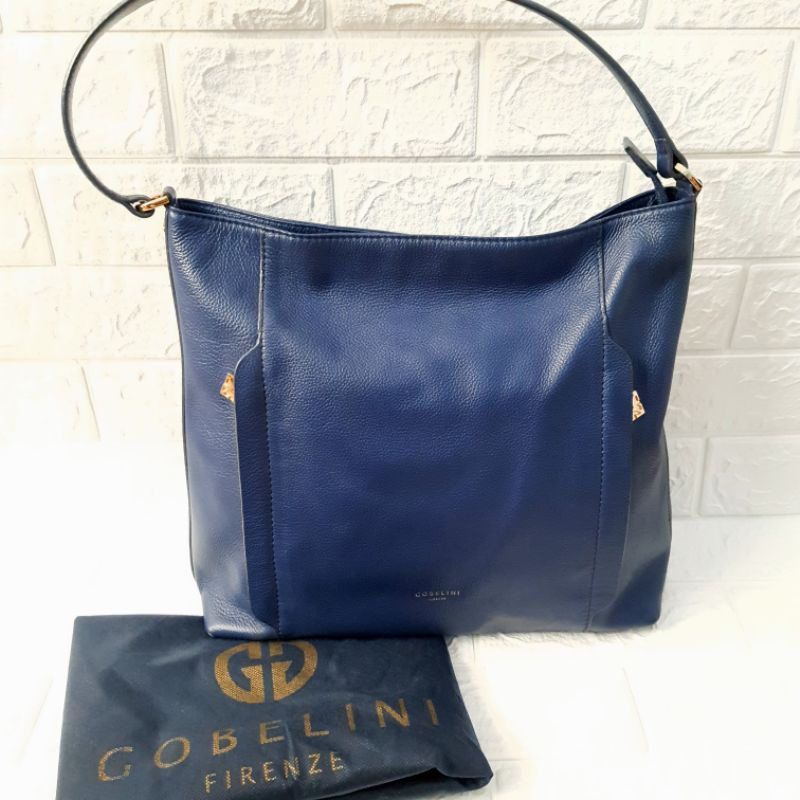 PRELOVED Tas Gobelini original hobo leather royal blue kulit asli