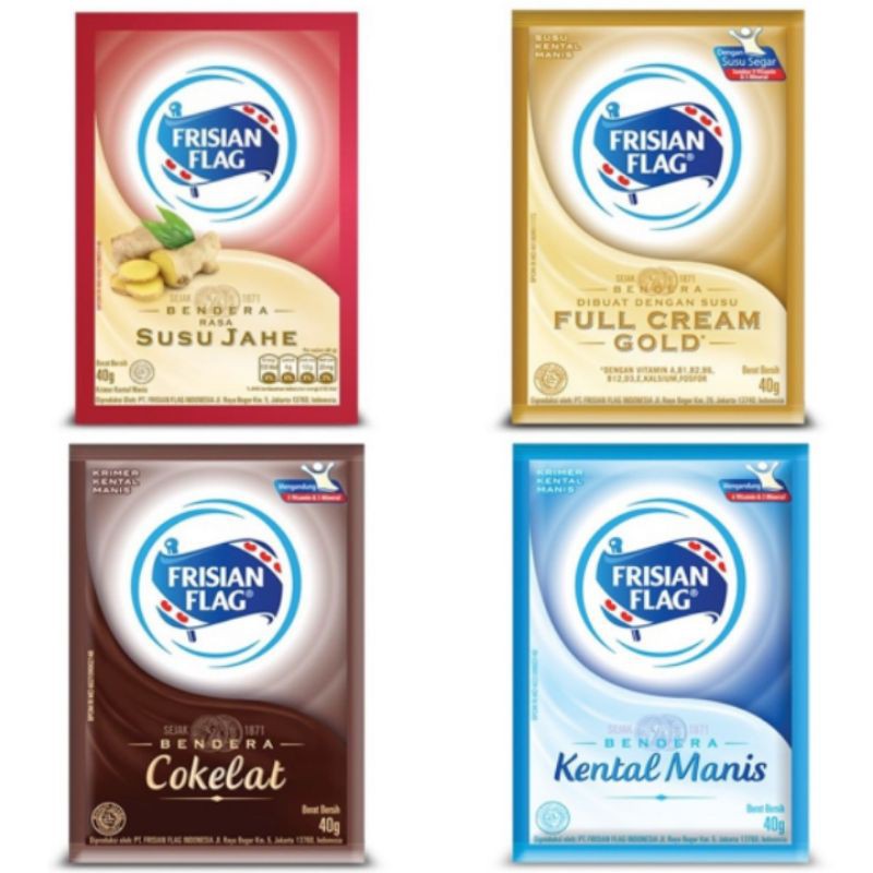 

FRISIAN FLAG Susu Bendera Kental Manis Sachet 40 Gram - Susu Jahe, Gold, Cokelat, Putih