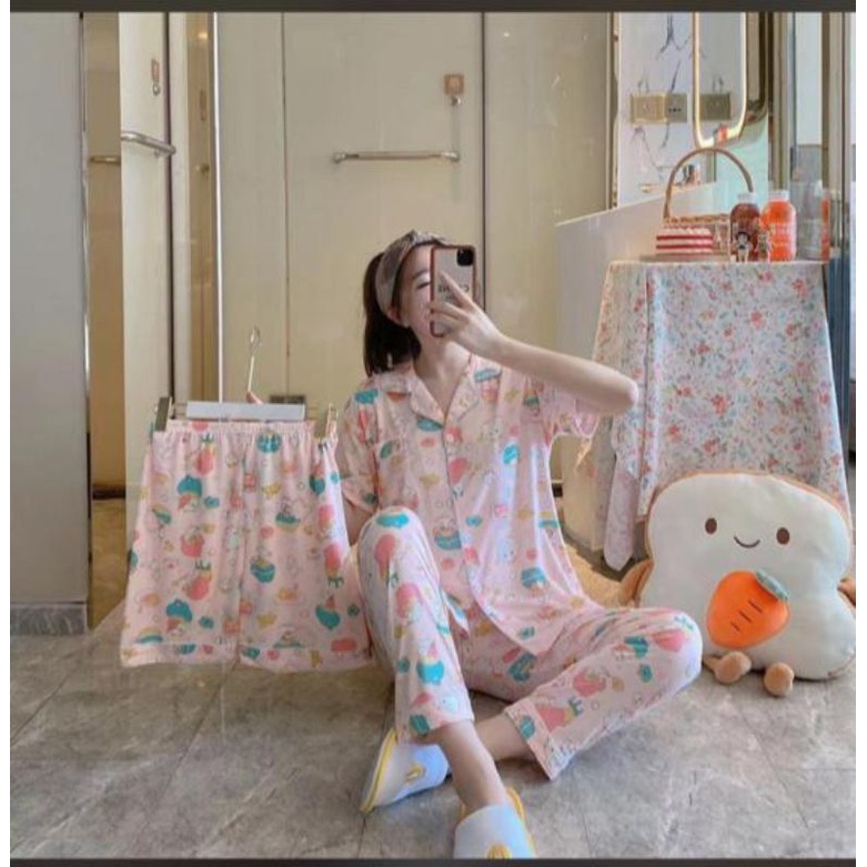 Baju tidur set pajamas Import 3 in 1 lengan pendek