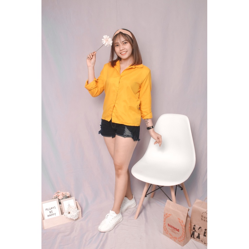 RX Fashion - KEMEJA AUREL / KEMEJA BASIC Wanita Polos lengan panjang Tangan Skoder / Lumina Basic / Kemeja Dian / Kemeja Polos /  -R3-kuning/mustard