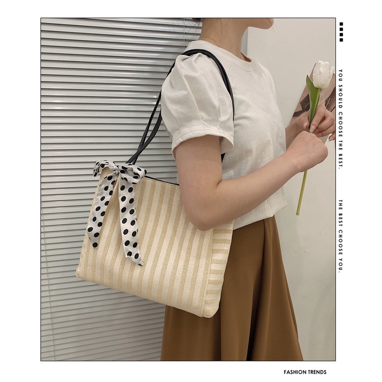 Drozenb Tas Tote Wanita Bahan Anyam Jerami Model Korea/Totebag Fashion Korea Bahan Anyaman Motif Garis/Tas Anyaman Korea Motif Garis/Tas Pantai Korea