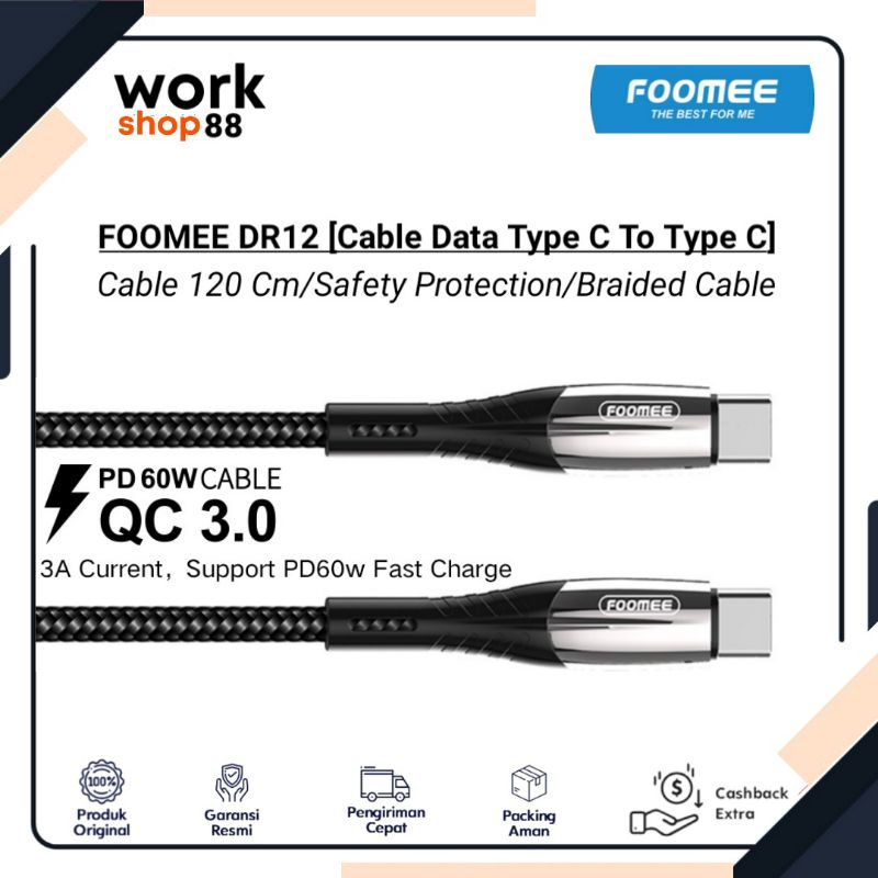 Baru FOOMEE DR12 Kabel Type C To Type C 60W Super Fast Charging Cable 120 Cm  - New Original Garansi
