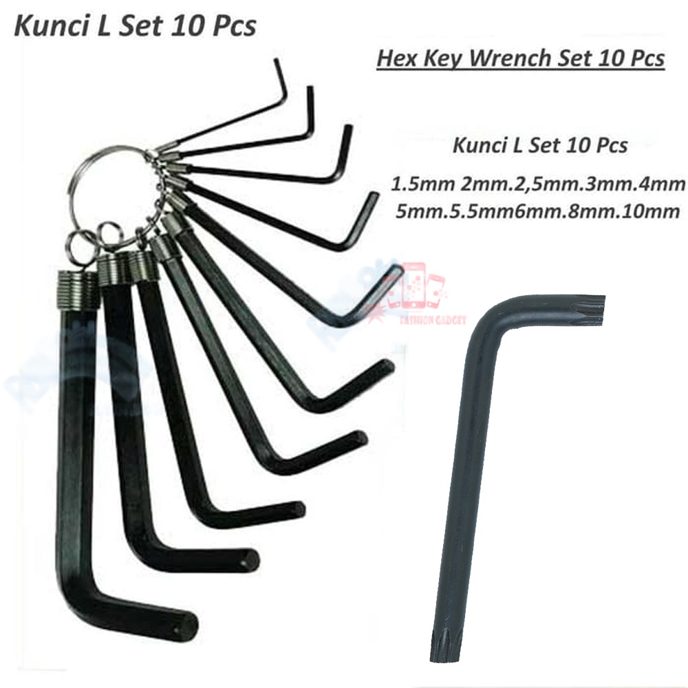 Kunci L ( 1 Set Isi 10pcs ) &amp; Kunci L 5mm Kunci Hexagonal Segi 6  Hex Key Ring 10in1 Tools Wrench Kunci L Set Hex Key Ring 10 in 1 Tools 10 Pcs