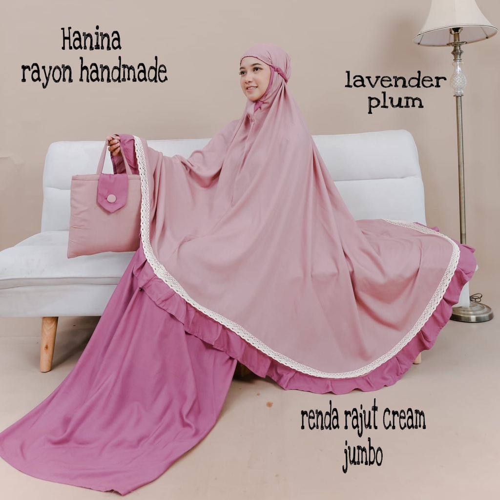 Mukena Hanina Rayon Bawahan Plum Atasan 5 Variasi Warna Renda Rajut Cream Jumbo Handmade Bali Polosan Mukenah High Quality - Dewasa