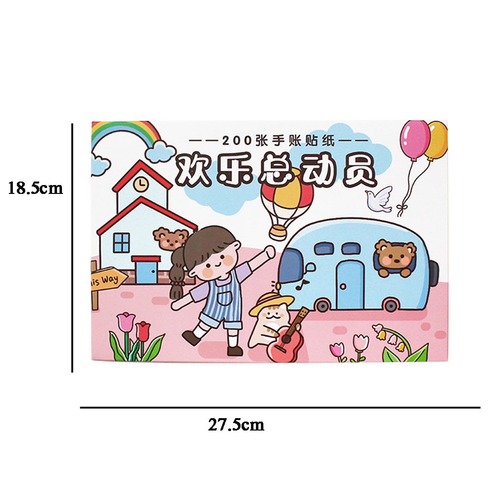 QUINTON 200 Sheets/Box Decorative Paper Stickers Happy Time Series Stationery Kawaii Sticker Set DIY Scrapbooking Cute Pink Cartoon Animals Waterproof Gift Box Diary Photos Albums Adhesive Decals