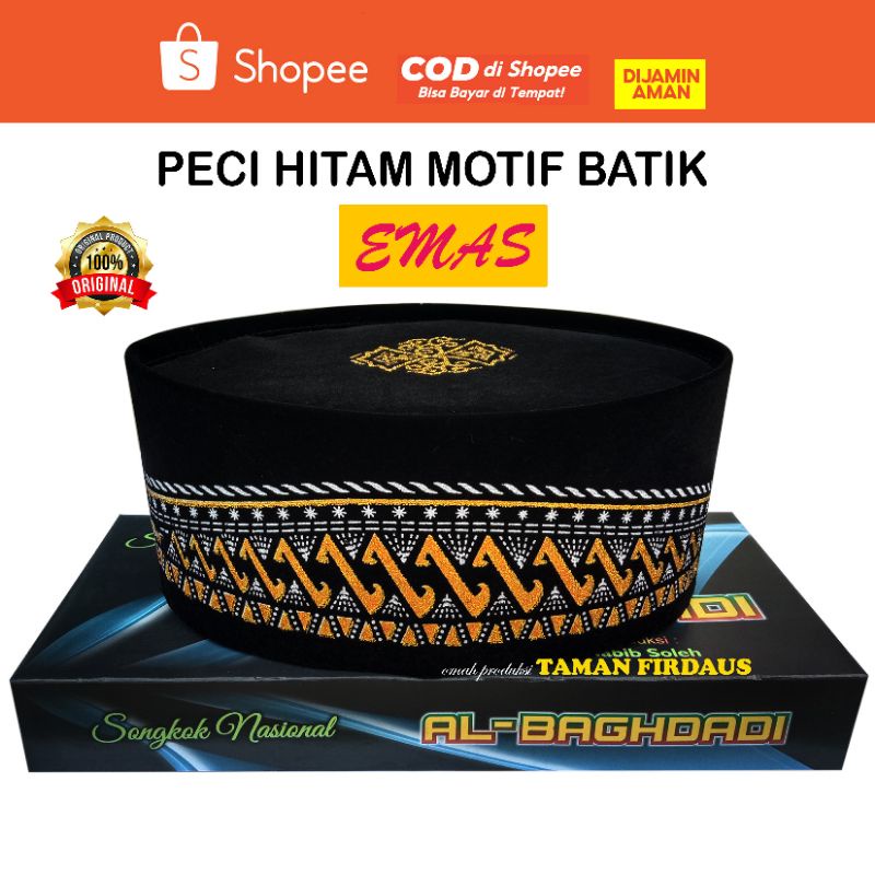 Peci Sablon Motif Batik Emas AC Tinggi 9 cm Songkok Hitam Sablon Peci Hitam Kopiah Hitam Peci Anak P