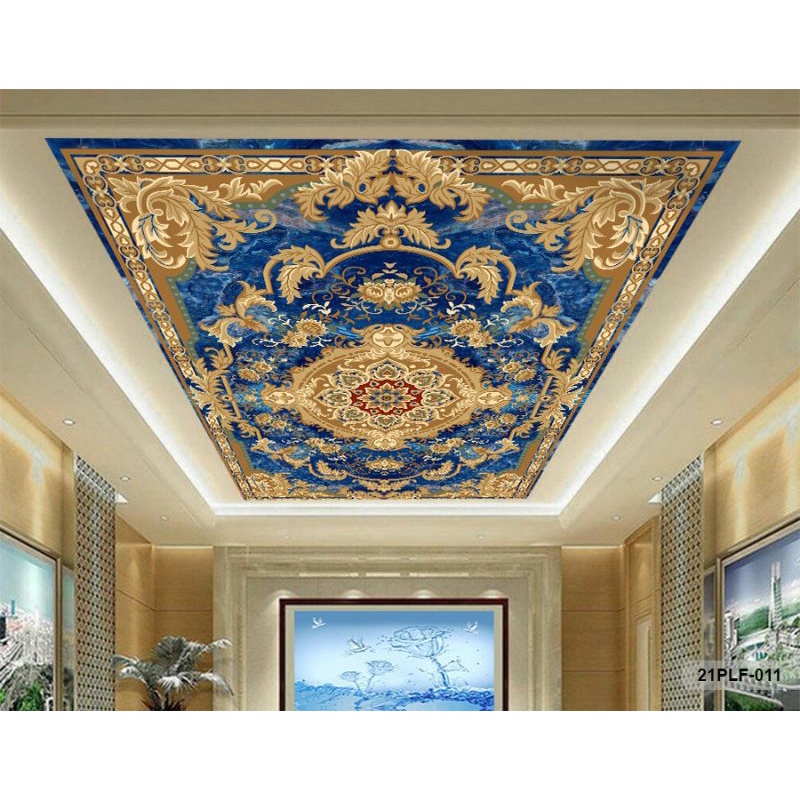 Wallpaper 3D Custom Plafon Latar Biru Batik EmasKlasik (21PLF-011)