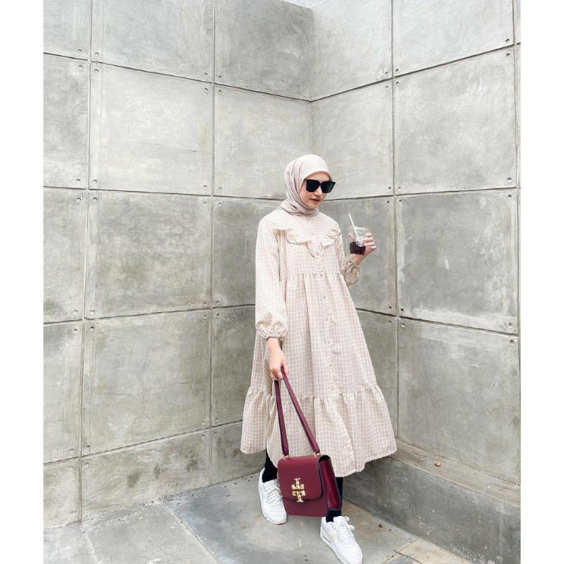 Zeline Maxi-Dress Muslim Gamis Motif Kotak-Kotak Bahan Katun