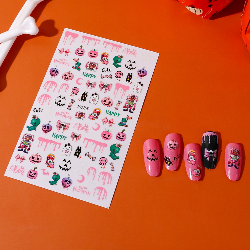 Stiker Kuku 3D Desain Kartun Tengkorak Labu Halloween Untuk Dekorasi Nail Art