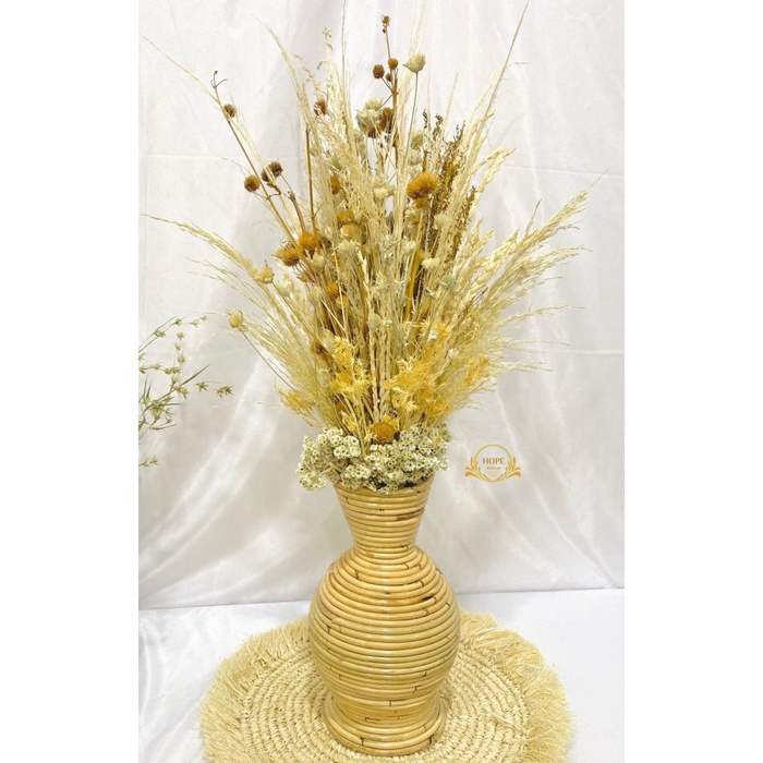 Hiasan Meja - Paket Flowers+Vas Rotan Guci Tinggi 30Cm Hiasan Meja