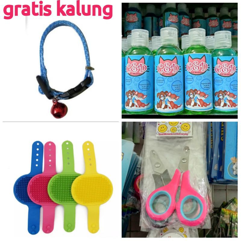 Paket Grooming Murah Shampo Kucing 60ml,Sikat Karet dan Gunting Kuku Kucing Gratis Kalung Kucing