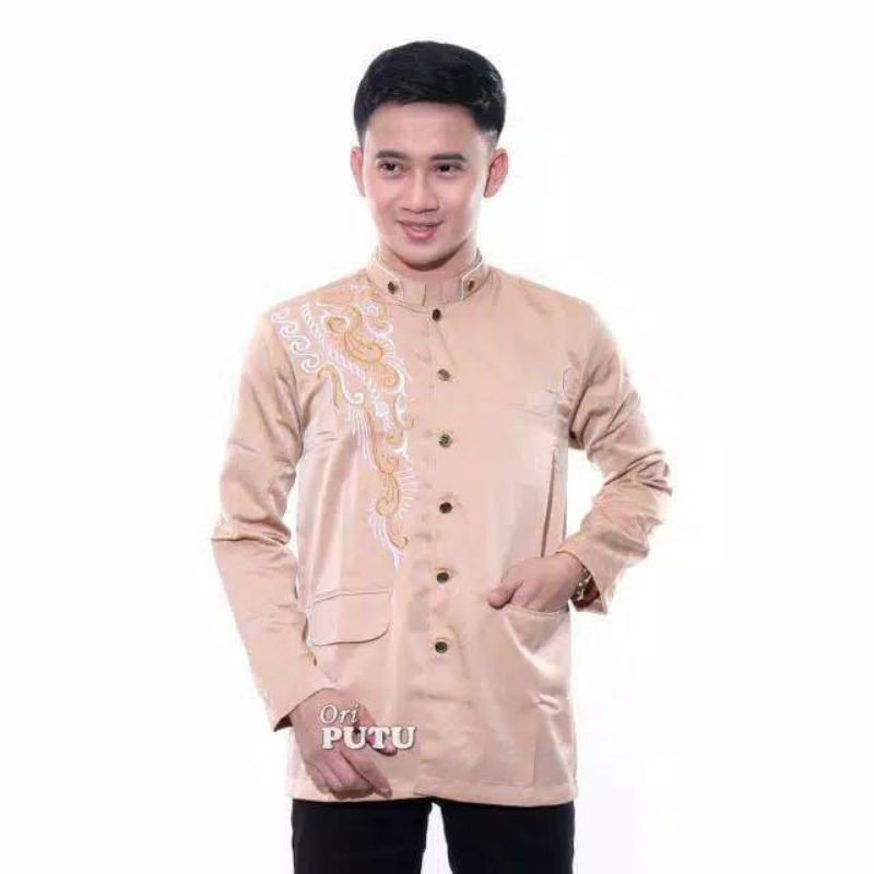 JASKO JAS KOKO PRIA COWOK BORDIR LENGAN PANJANG WARNA BIRU COKSU CREAM PUTIH MURAH