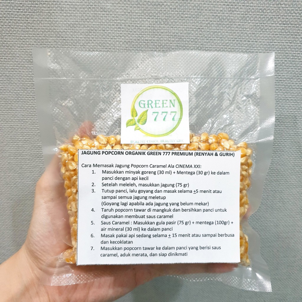 

Jagung Popcorn Organik 1 Kg Green 777 Premium Caramel Asin Gurih (VAKUM PACKAGING)