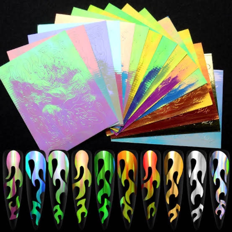 NAIL STICKER STIKER KUKU FLAME HOLOGRAM RANDOM / water decal nail flame api stiker kuku