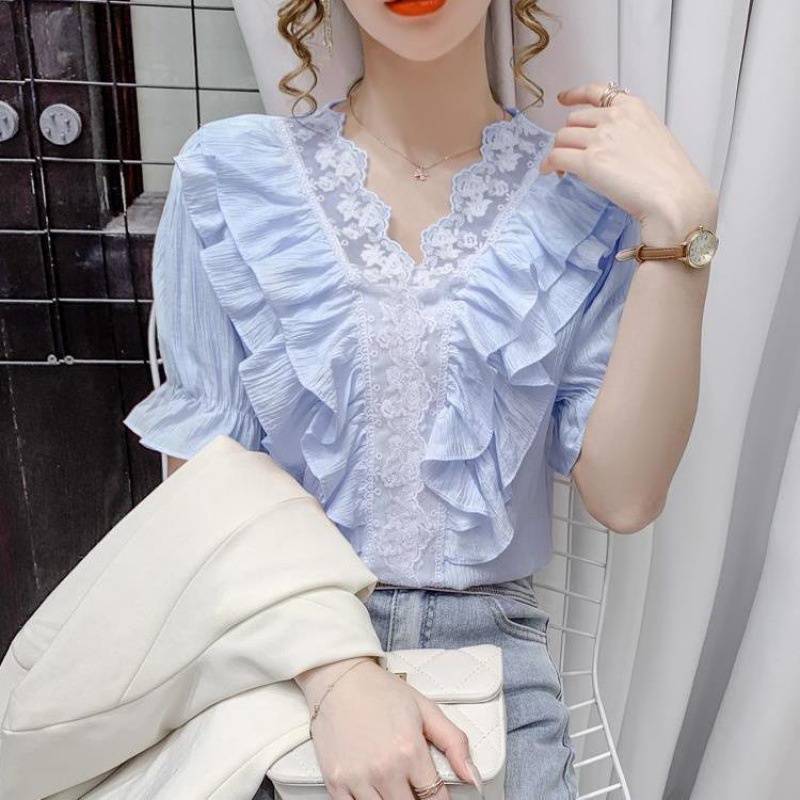 #Sisjuly# Wanita Renda Jahitan V-Neck Shirt Musim Panas Baru Manis Ruffle Lengan Pendek Kemeja Top