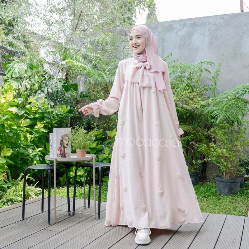 Dress Lebaran Premium Bahan Crincle Embroidery timbul lengan karet baby pink baby blue hitam