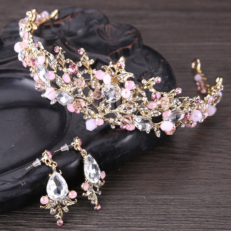 Deartiara Set Bando Tiara Handmade+Anting Tusuk Desain Kristal Warna Emas Pink Untuk Wedding