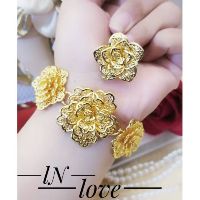 TERMURAH Set Perhiasan Lapis Emas Cincin Gelang Bunga Mawar Rose Flower Xuping Gold Titanium Rantai