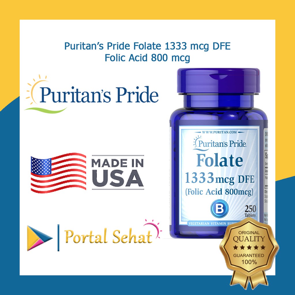 Puritans Pride Folate 1333 Mcg DFE Folic Acid 800 Mcg  250 Tablets