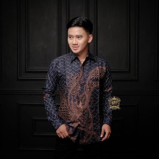 Kemeja Batik Pria Lengan Panjang Motiv Phoenix Navy  Seragam Guru Dan Kantor Bahan Katun Adem Di Pakai Serap keringat