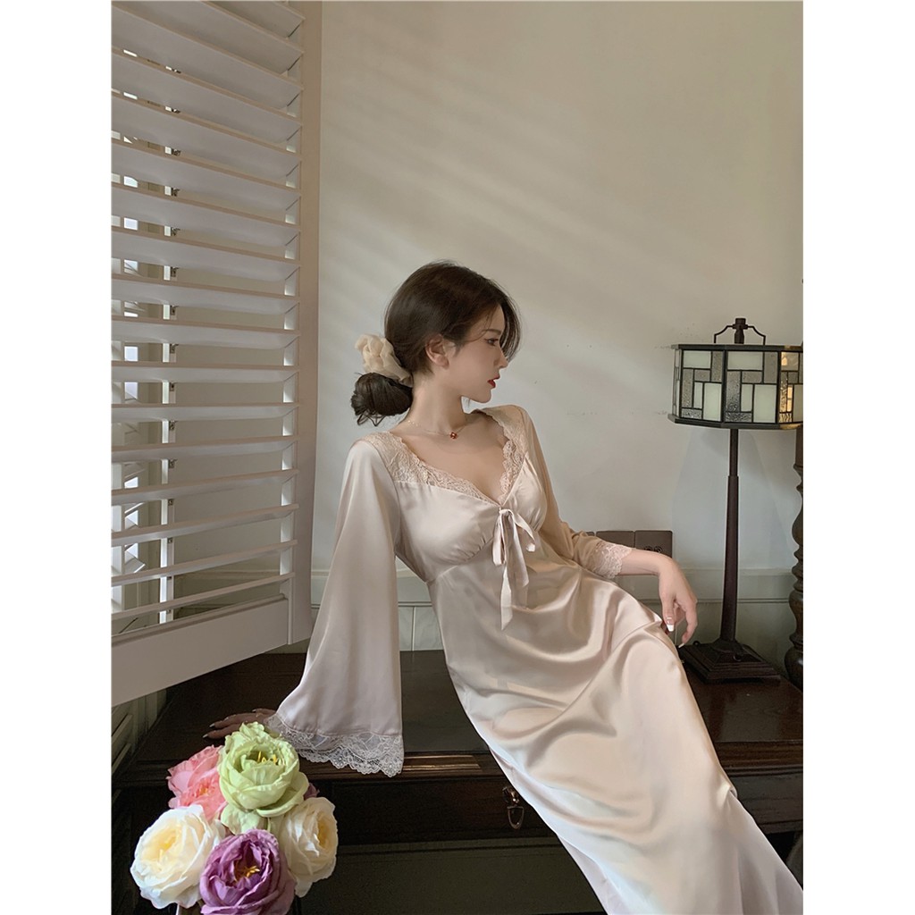 Suhao Gaun tidur ala istana Perancis Putri V-neck renda busur pergelangan kaki rok panjang peri manis elegan gaun tidur tipis