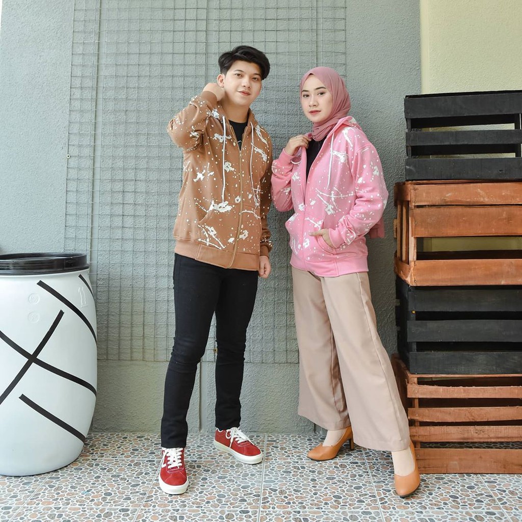 Jacket Couple Blotches Hoodie Zipper Bahan Fleece  Jacket Atasan Wanita Terbaru