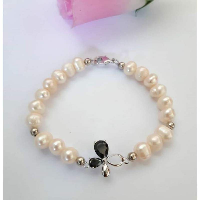 Gelang mutiara air tawar lombok asli rangka silver