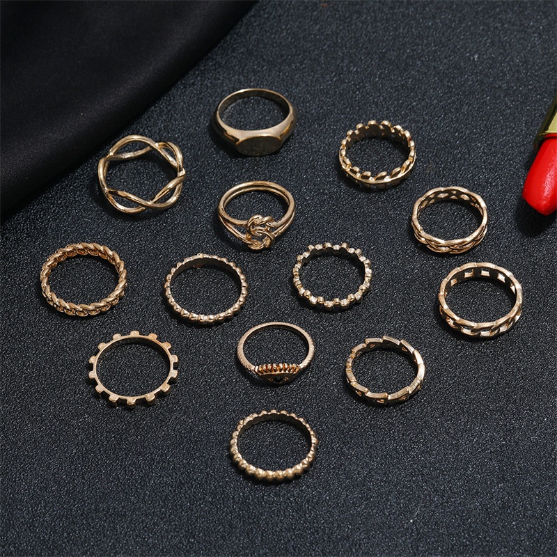 13pcs / Set Cincin Rantai Segel Bentuk Geometrik Daun Mata Iblis 8 Karakter Untuk Wanita