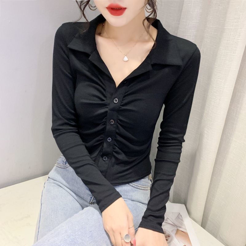 French retro bottoming shirt wanita musim semi dan musim gugur 2022 baru slim fit temperamen pendek Polo collar rajutan top