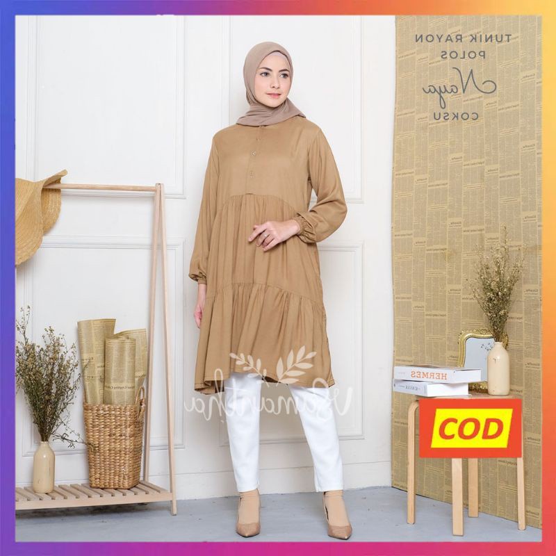 Nanoystore Tunik Muslim Polos Rempel Lengan Panjang Motif Bahan Rayon Premium Warna Coksu