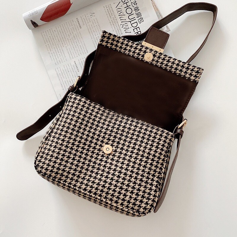 Tas Selempang Wanita Shena Motif Houndstooth korean Tweed Wool Slingbag Import Classic style korea