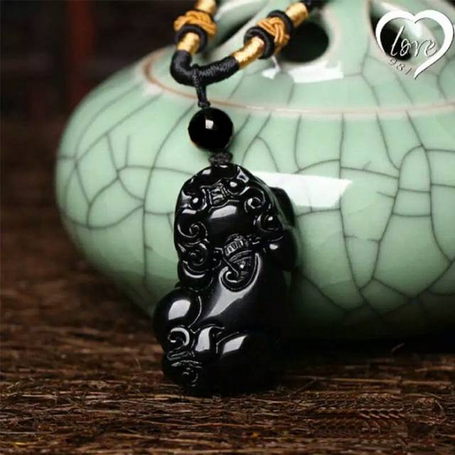 Kalung Batu Giok Obsidian Qilin Natural Stone Black Onyx korea