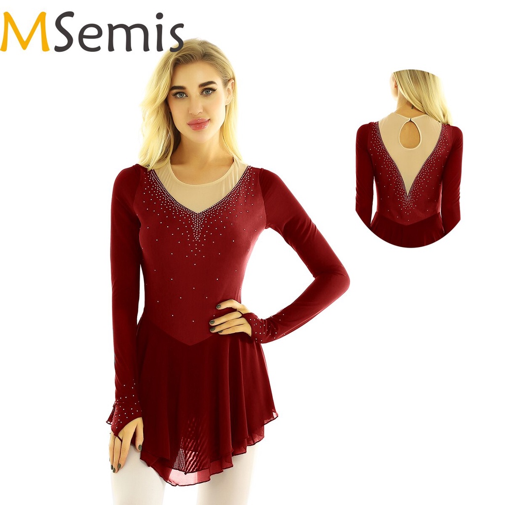 PREORDER Wanita Gambar Ice Skating Dress Lengan Panjang Skate Leotard Dansa Rok dengan