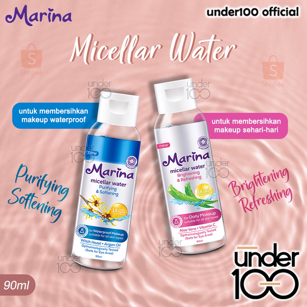 ❤ UNDER100 ❤ MARINA Micellar Water Brightening &amp; Refreshing | Purifying &amp; Softening | 90ml | Pembersih Make Up Waterproof | BPOM