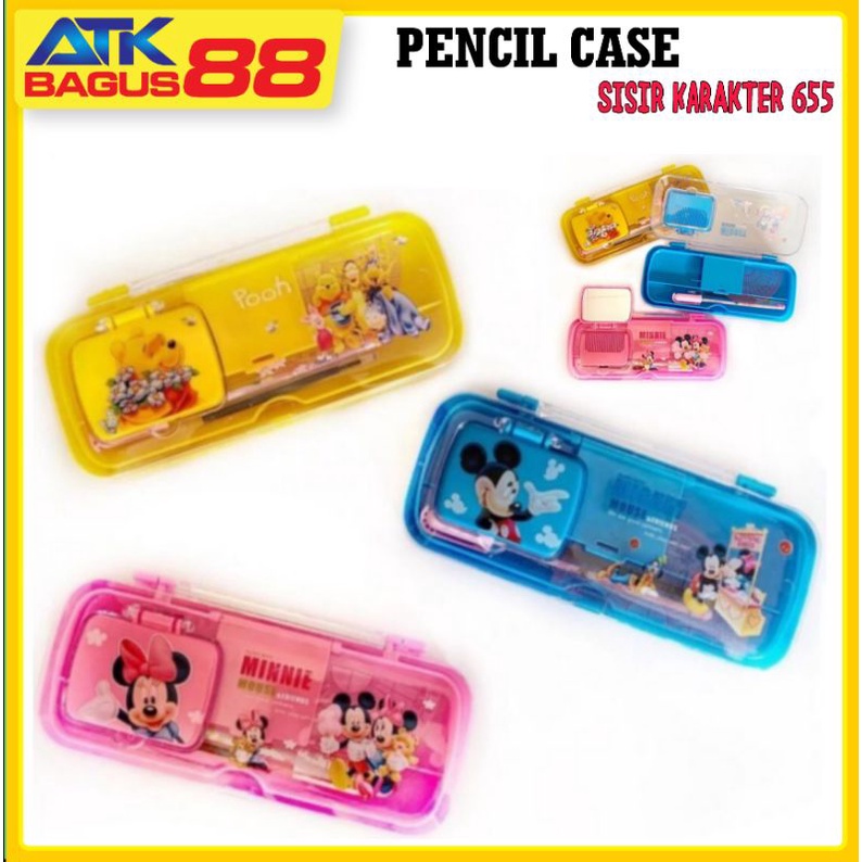 Pencil case / tempat pensil kaca plastik karakter set harga per 1 pcs (ada isi : pencil stip serutan kaca dan sisir)