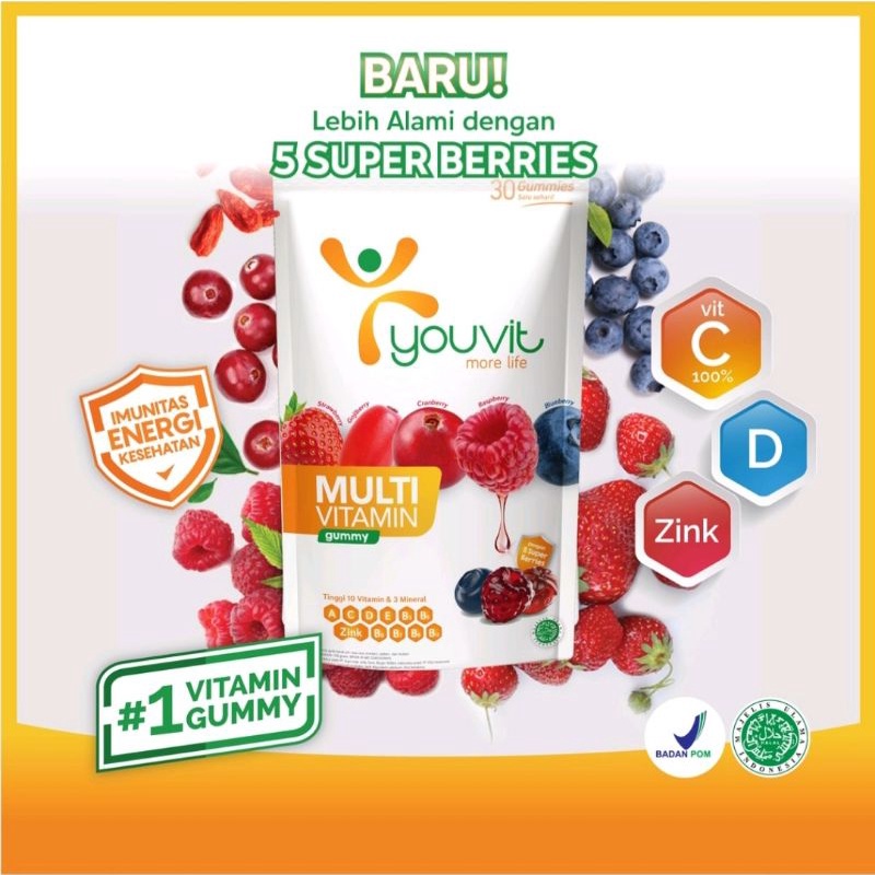 Youvit Multivitamin Dewasa 1 Pouch Vit. C, D, Zink &amp; Superberries