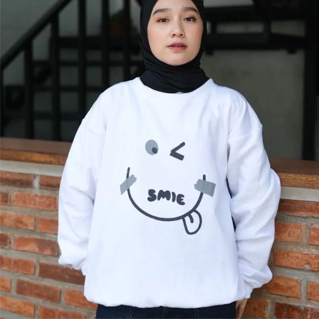 EMOTE SMILE Sweater Crewneck Oversize Wanita Korea Style Size M-L-XL-XXL Jumbo / Sweatshirt Wanita Terbaru / Sweater Hoodie WanitaTrendy /Jaket Wanita Modern-Bisa Bayar Ditempat COD