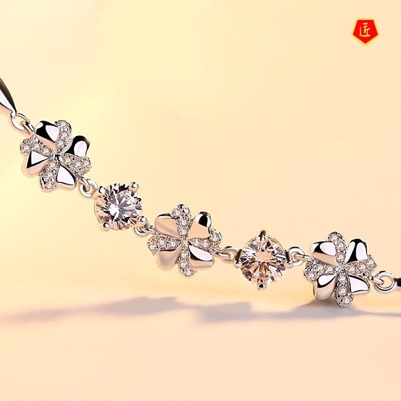 [Ready Stock]925 Silver Fashion Four-Leaf Clover Diamond Bracelet