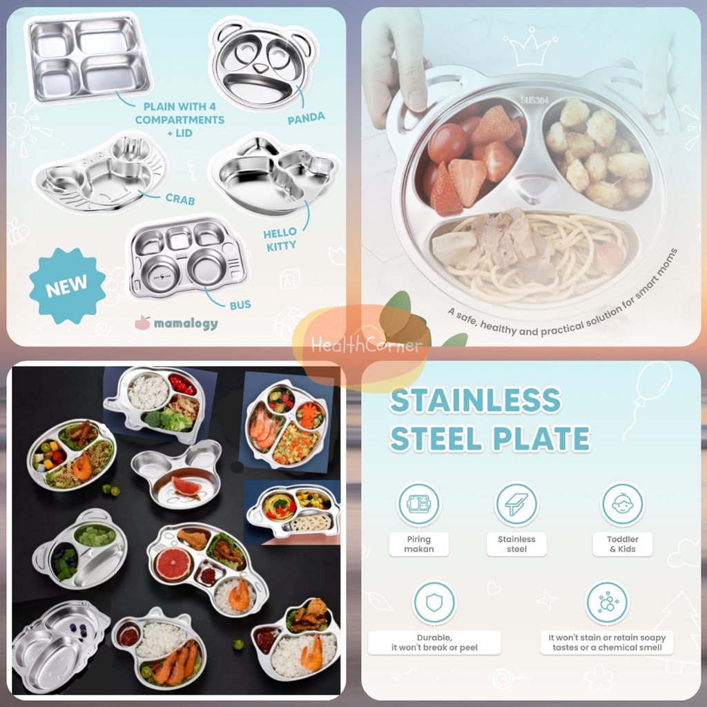 Piring Mangkok Stainless Steel Bowl Plate Sekat Tempat Makan Bayi Balita Baby Kids Food Tray MPASI