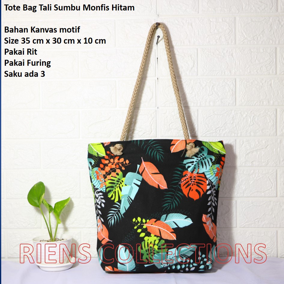 TOTEBAG KANVAS TALI SUMBU MOTIF MONFIS HITAM. TAS KANVAS. TAS JOGJA. SOUVENIR JOGJA. Riens Collections