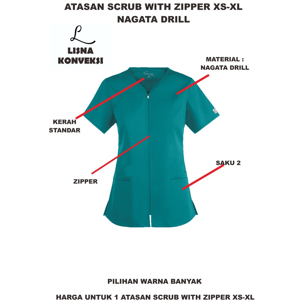 Atasan Scrub With Zipper Nagata Drill XS-XL Lengan Pendek