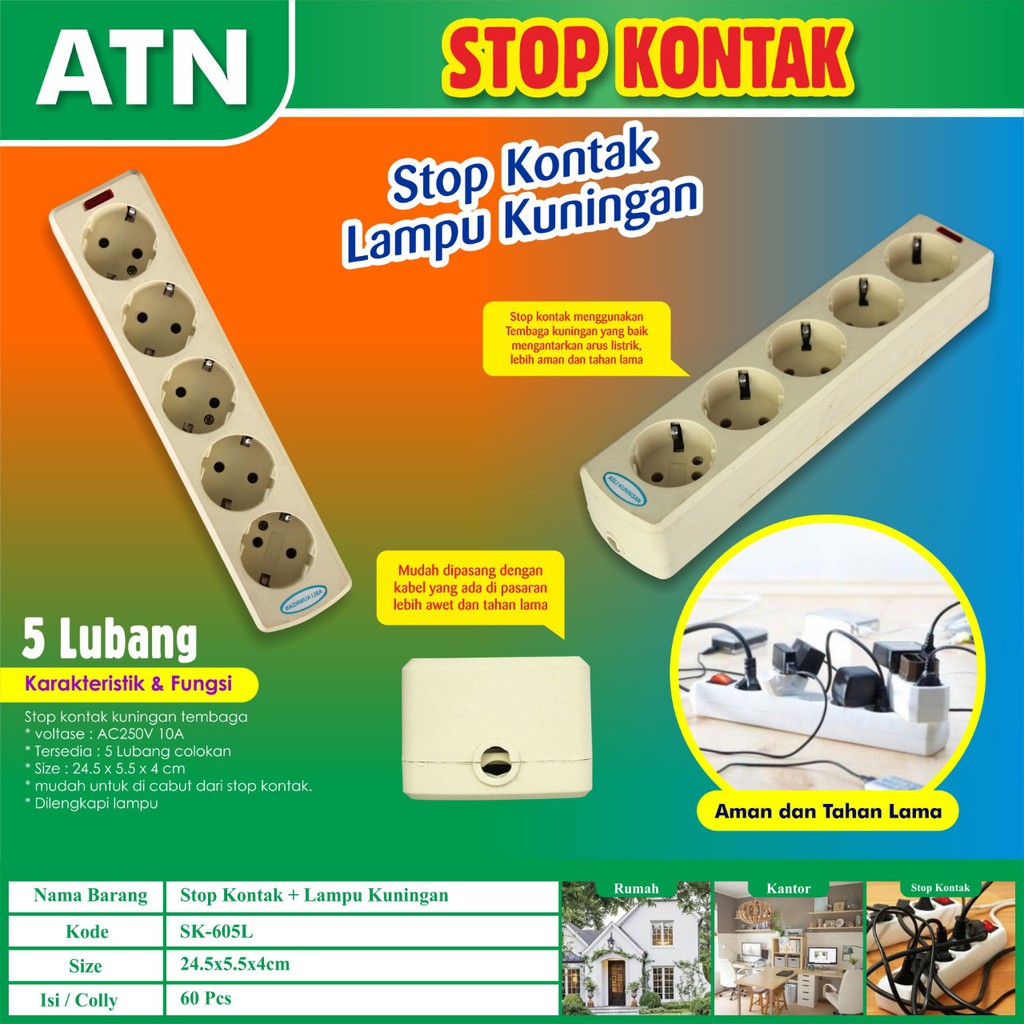 COD-STOP KONTAK ATN KUNINGAN+LAMPU TANPA KABEL 1/2/3/4/5 LUBANG ATN