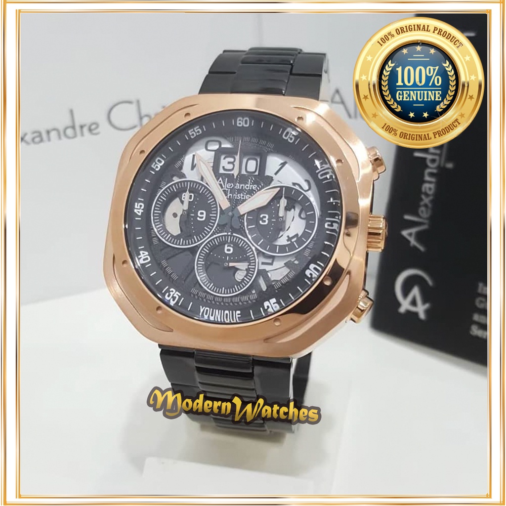 Jam Tangan Ori Pria Alexandre Christie AC 6468 Hitam Rosegold Black Sporty Skeleton Alexander Rantai