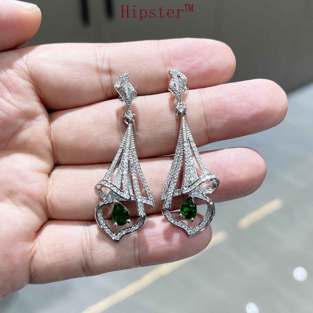 New Luxury Full Diamond Natural Emerald Colored Gems Stud Earrings