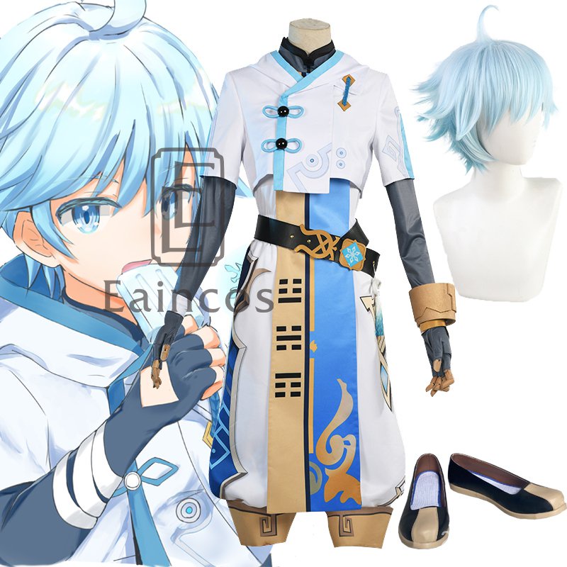 Game Genshin Impact Chongyun Cosplay Costume Wigs Shoes Outfit Uniform Anime Halloween Party Men Cos