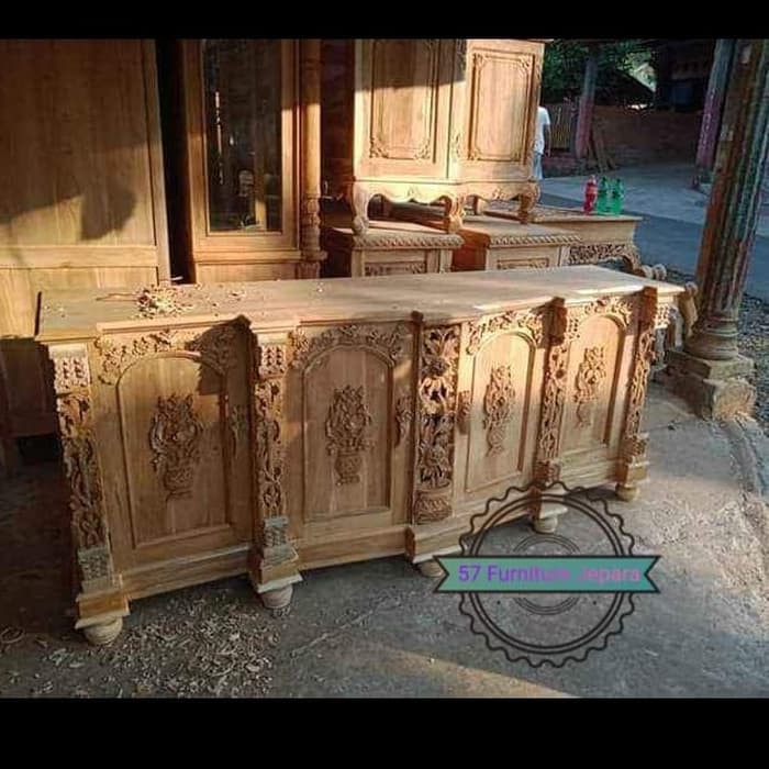 Buvet jati mentahan - meja tv panjang 200cm full ukir Jepara