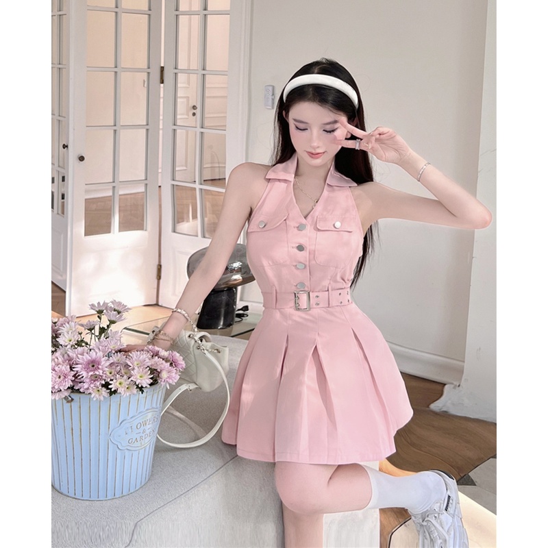 Suhao pink denim kemeja gaun wanita musim panas hot girl halter neck v-neck tanpa lengan sabuk pingg