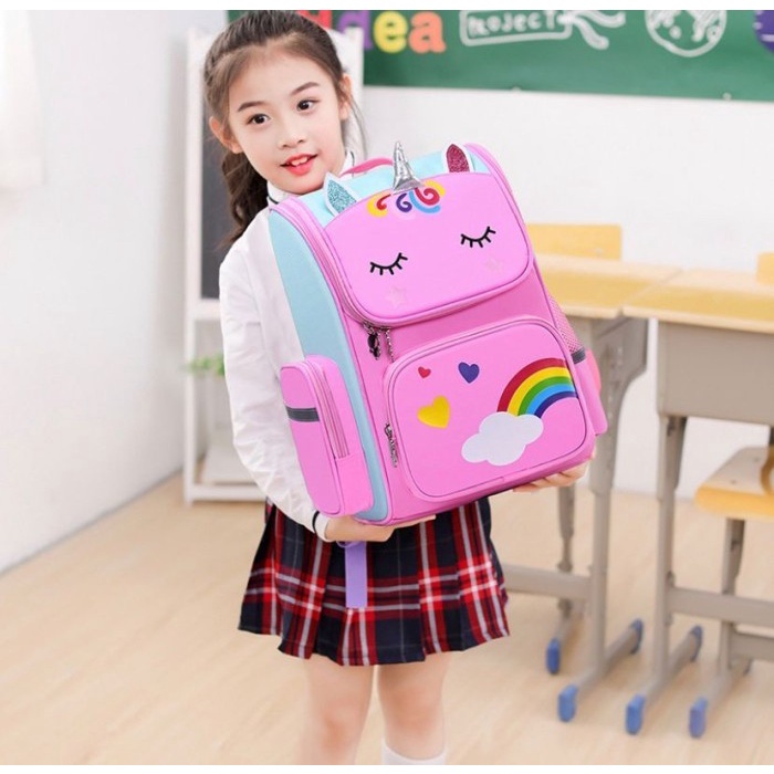 Tas Sekolah Ransel Anak Perempuan Karakter Unicorn 3D Emboss + Lampu