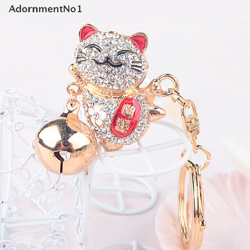 (AdornmentNo1) Gantungan Kunci Bentuk Kucing Keberuntungan Aksen Kristal + Berlian Imitasi Bahan Alloy